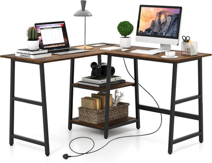 L-Shaped Computer Desk, Wooden Study Table Corner Desk with Charging Station