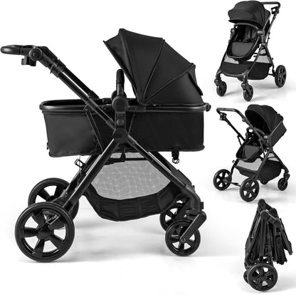 2 in 1 Baby Pushchair, Foldable Travel System Pram with Reversible Seat, Adjustable Canopy & Handle