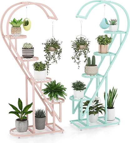 5-Tier Tall Plant Stand, 2-Pack Heart-shaped Ladder Plant Shelf with Hanging Hooks and Adjustable Foot Pads