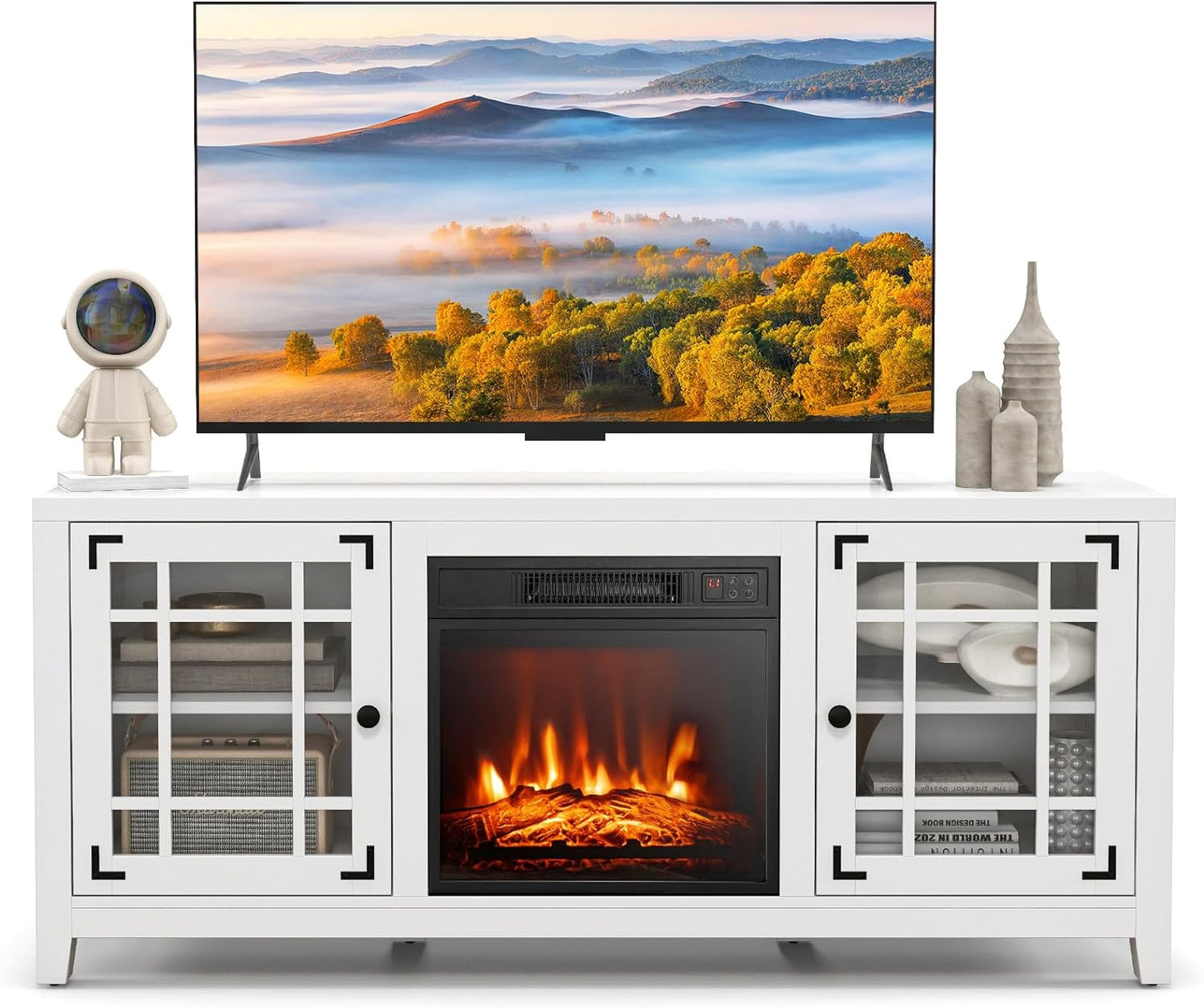 GiantexUK Electric Fireplace Insert TV Stand, Double Glass Door Living Room Console Entertainment Center with 19'' Electric Fir