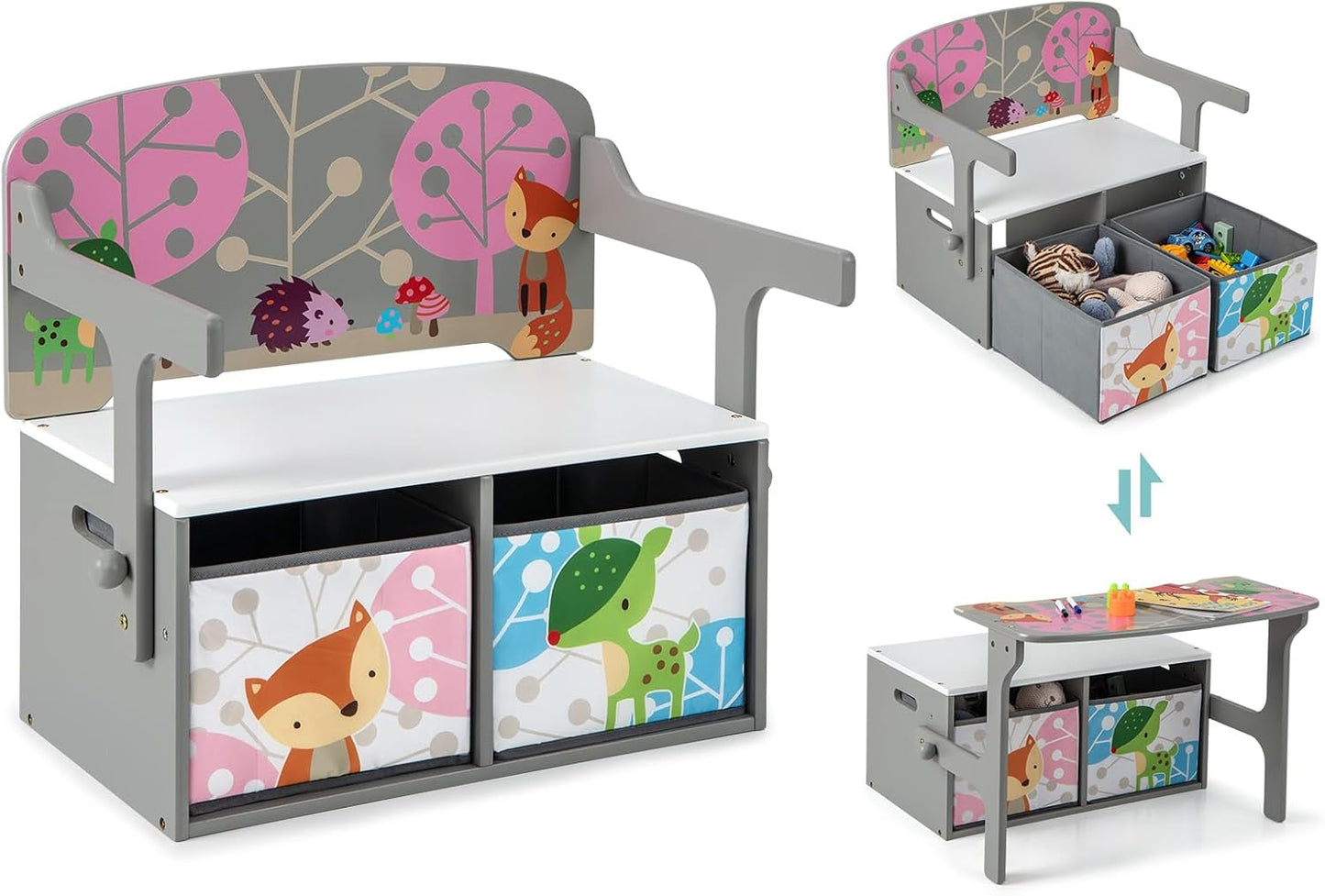 Kids Table and Chair Set, Convertible Toy Storage Bench with 2 Removable Fabric Bins