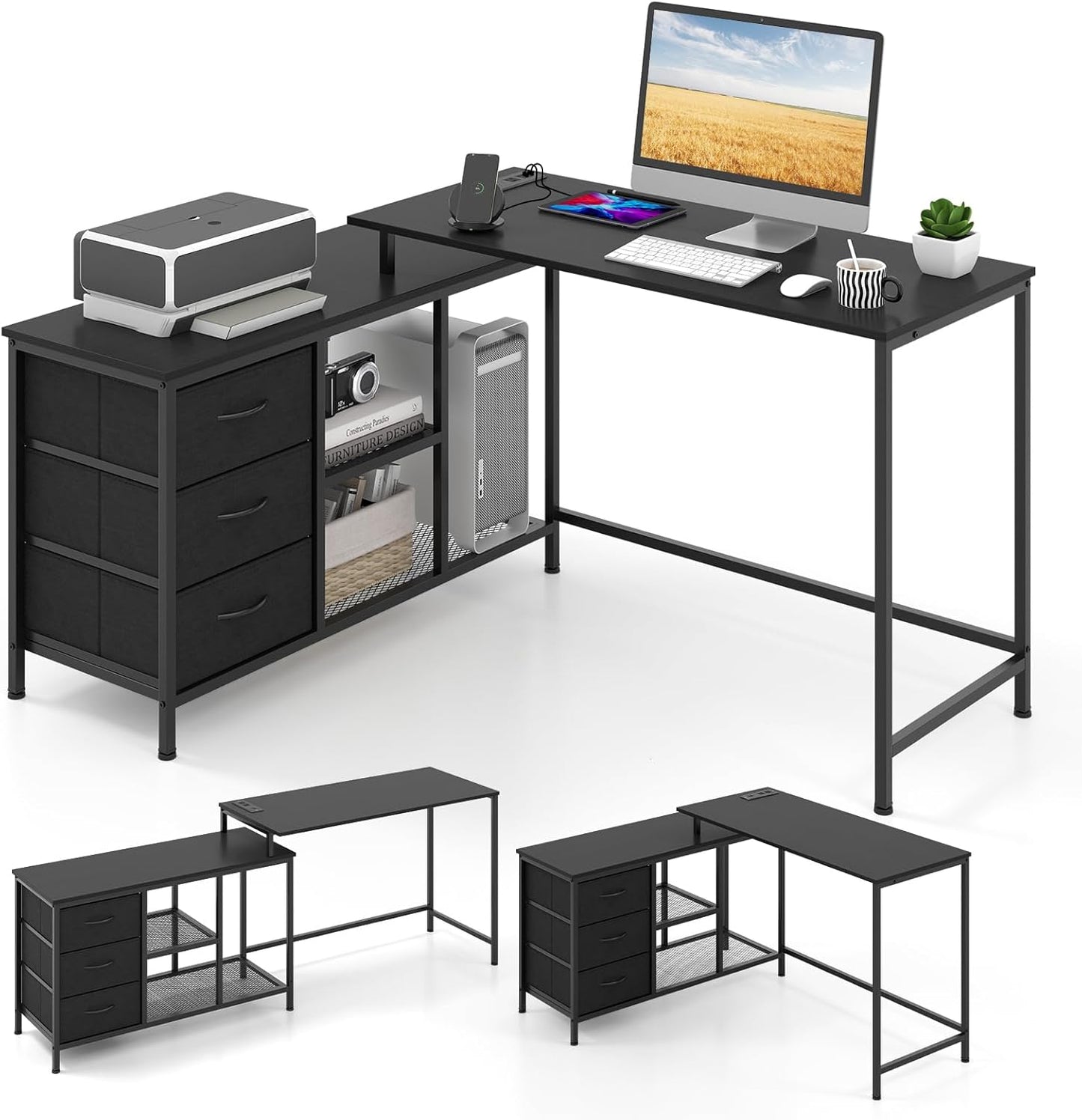 L-Shaped Computer Desk, Convertible Study Writing Workstation with Drawer, Shelves & Charging Station