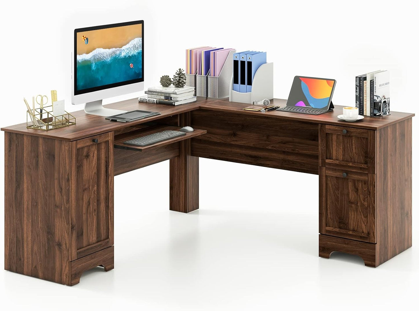 L-Shaped Computer Desk, 170cm Modern Large Corner Desk Writing Study Table with Drawers