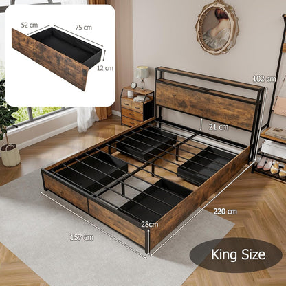 Double/King Size Platform Bed Frame with LED Lights, 4 Rolling Drawers