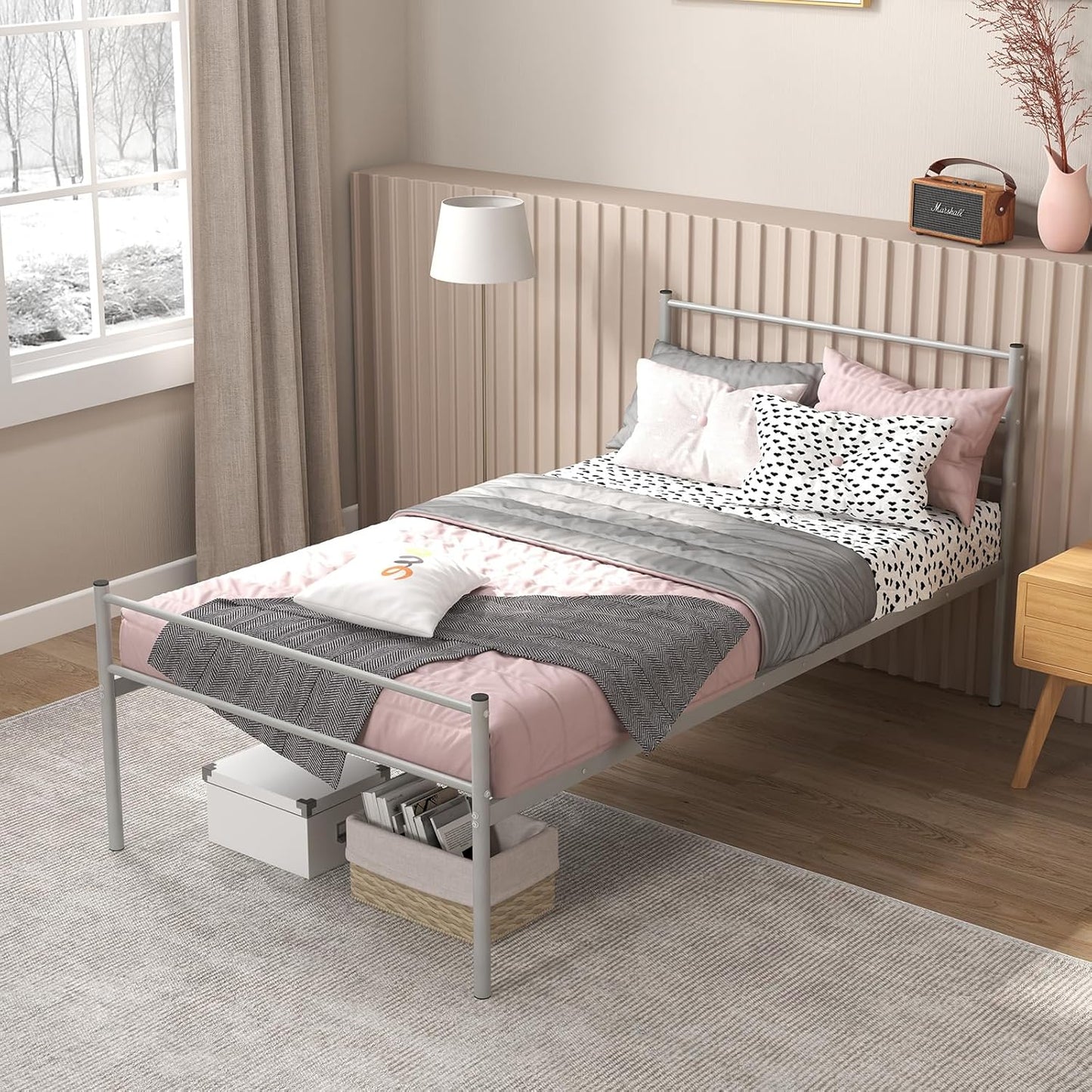 3FT Single Bed Frame, Metal Platform Bed with Headboard & Footboard and Underbed Storage