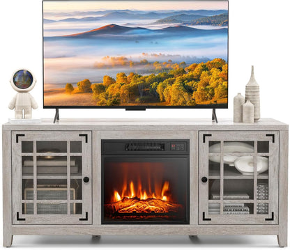 GiantexUK Electric Fireplace Insert TV Stand, Double Glass Door Living Room Console Entertainment Center with 19'' Electric Fir