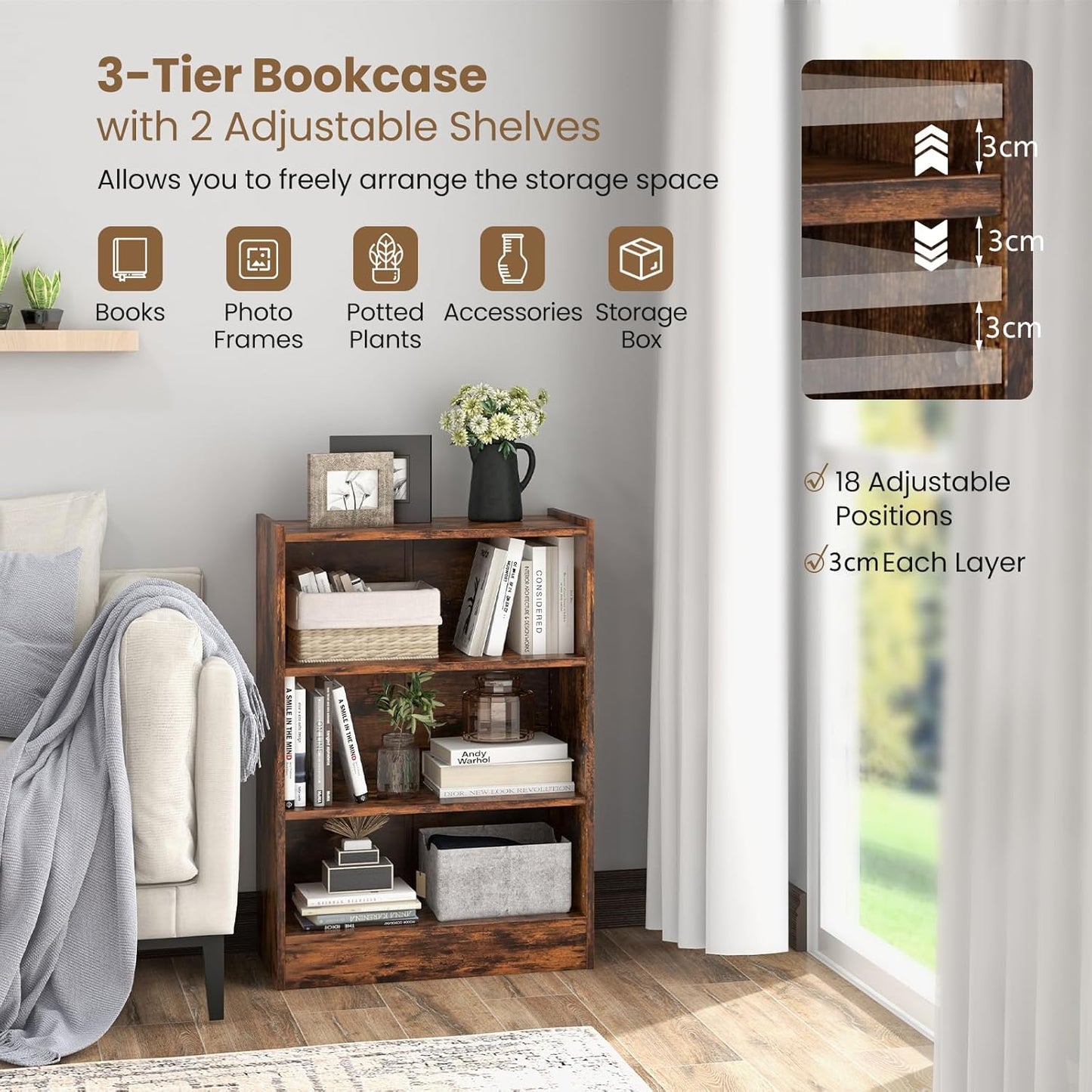 3-Tier Cube Bookcase, Wooden Storage Bookshelf Open Shelving Unit with Adjustable Shelves and Anti-Toppling Device