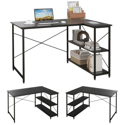 Corner Computer Desk, L-Shaped Writing Study Table with Reversible and Adjustable Bookshelf