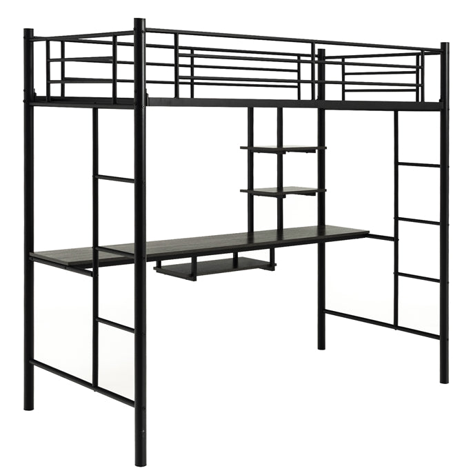 Single Loft Bed, 2-Ladders High Sleeper Bunk Bed with Desk & Safety Guardrail