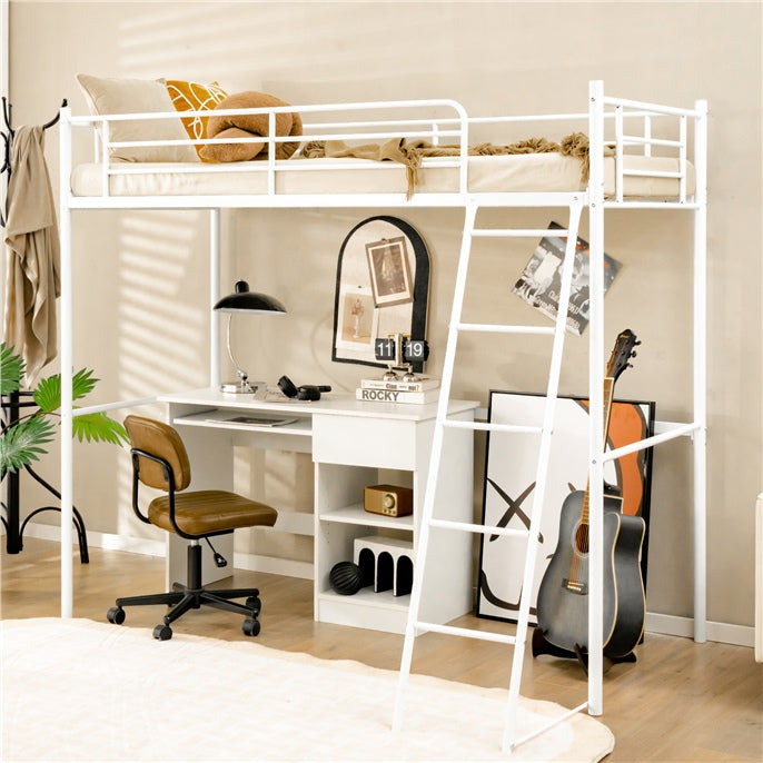 Metal Loft Bed Frame, Single Bunk Bed High Sleeper with Ladder & Safety Guardrail