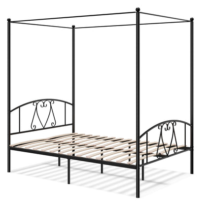 Canopy Bed Frame, Double Size Metal Bed Base with Headboard & Footboard