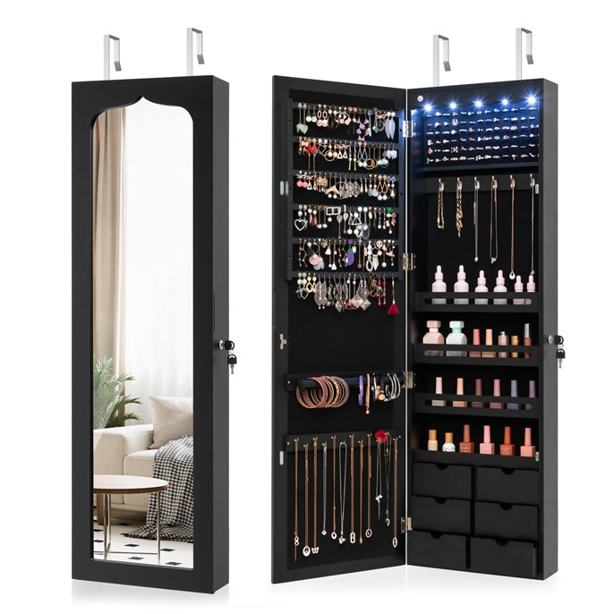 Wall & Door Mounted Jewellery Cabinet, 5 LED Lighted Lockable Jewelry Armoire with Full-Length Mirror