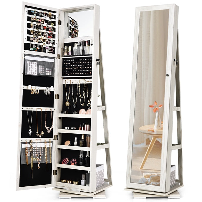 360° Swivel 3-in-1 Jewelry Cabinet, Lockable Jewelry Armoire Storage Unit with Full Length Mirror and Display Shelf