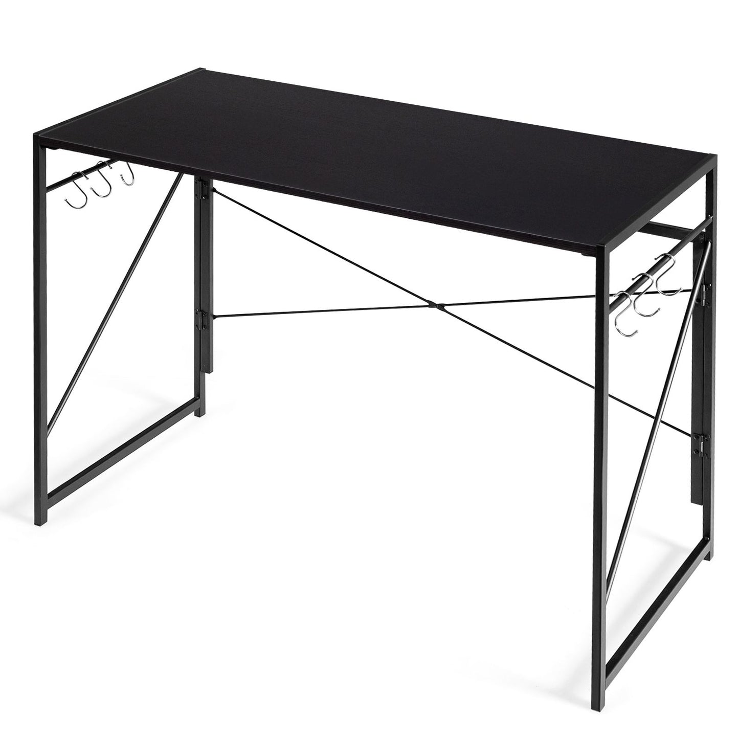 Folding Computer Desk, Modern Simple Study Desk Writing Workstation with 6 Hooks and Crossbars