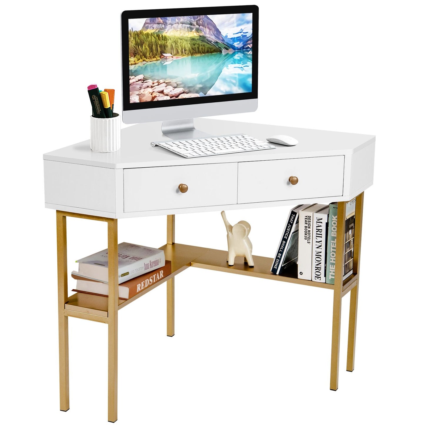 Corner Computer Desk, Triangle PC Laptop Table with 2 Drawer and Storage Shelves