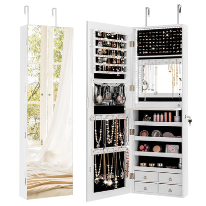 LED Lights Jewelry Cabinet, 2-In-1 Wall-mounted/Door Hanging Makeup Storage Armoire with Full Length Mirror