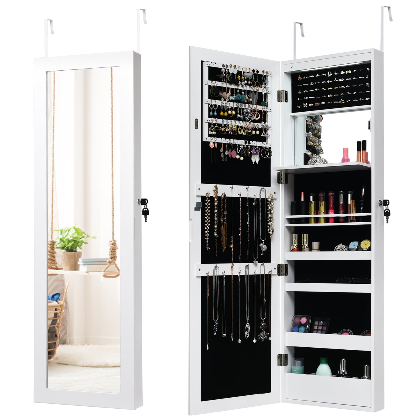 15 LED Lights Jewellery Cabinet, 2-in-1 Hanging or Wall Mounted Jewelry Armoire with Full Length Mirror and Built-in Mirror