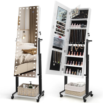 3-Color LED Lights Jewellery Cabinet, Freestanding Mobile Jewelry Armoire with Full Length Mirror and Bottom Shelf