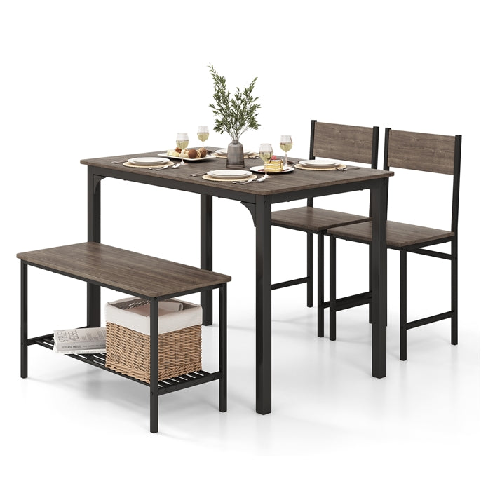 GiantexUK Dining Table and 2 Chairs with Bench, 4PCS Wooden Dining Room Set with Storage Rack