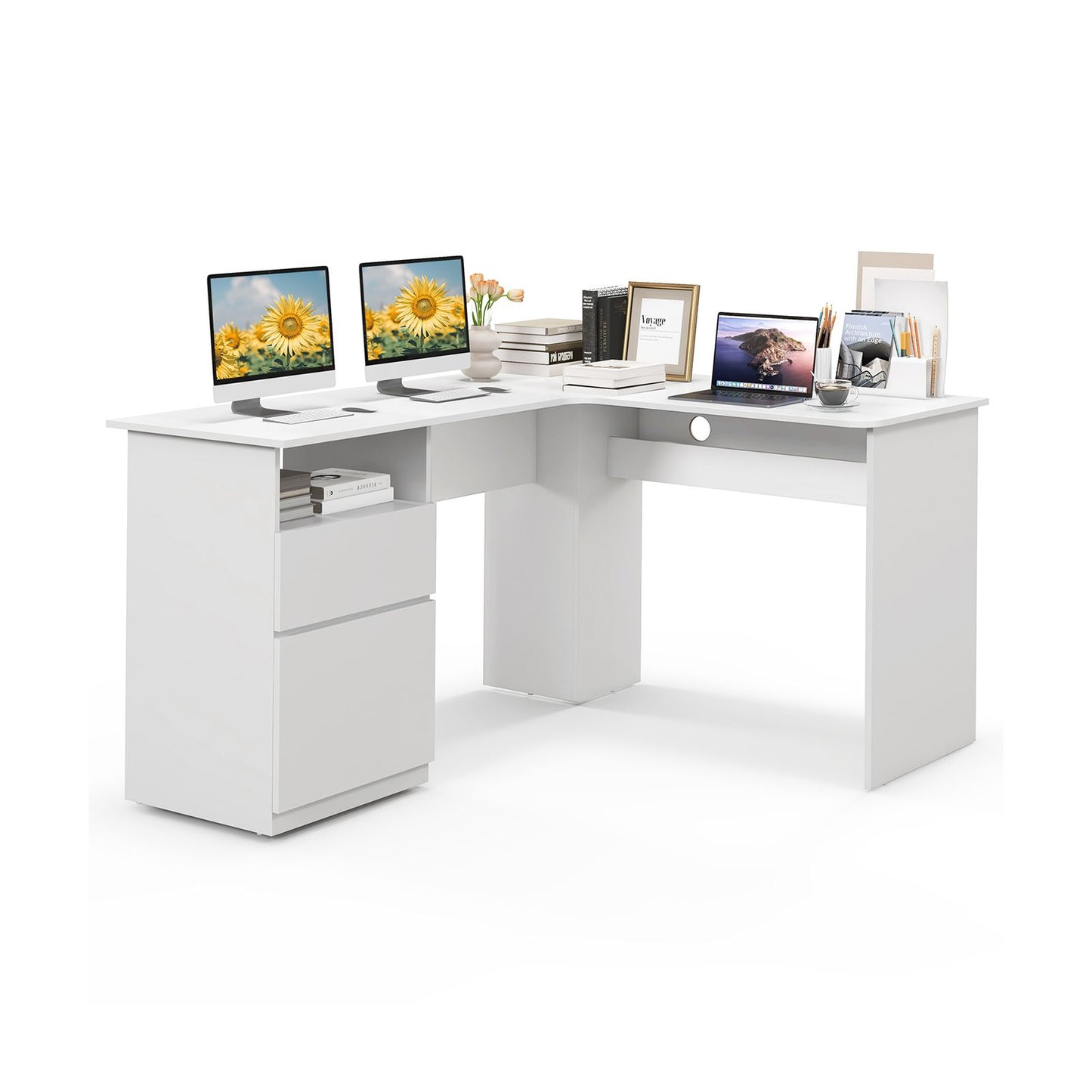 L-Shaped Computer Desk, 150cm Modern Large Corner Desk Writing Study Table with Drawe