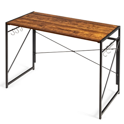 Folding Computer Desk, Modern Simple Study Desk Writing Workstation with 6 Hooks and Crossbars