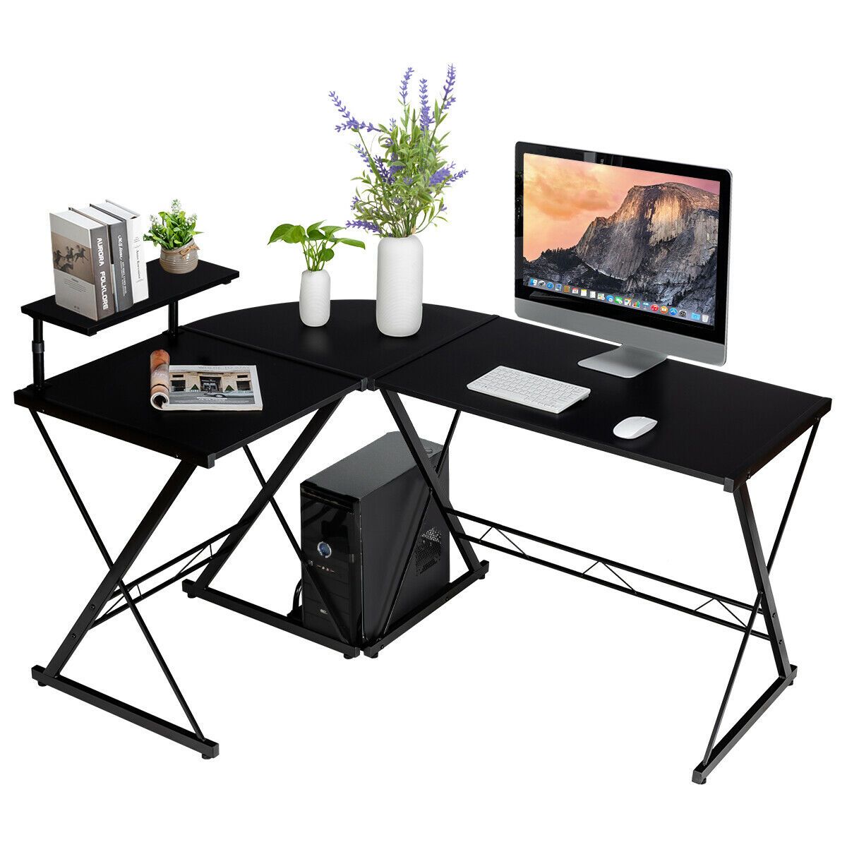 L-Shaped Computer Desk, Industrial Large Desktop 2-Person Corner Writing Workstation PC Laptop Table