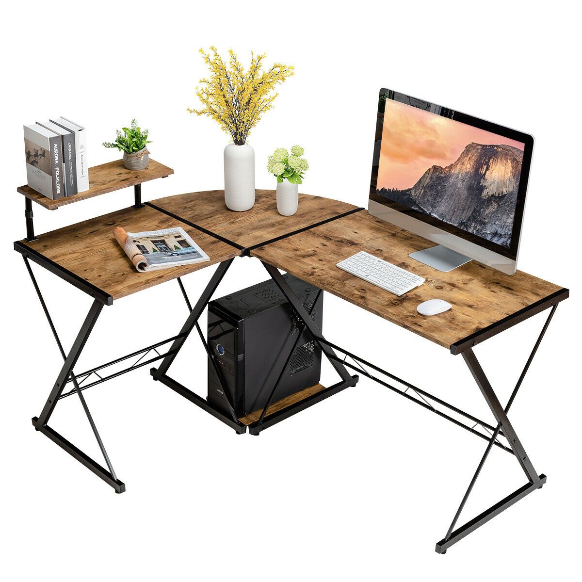 L-Shaped Computer Desk, Industrial Large Desktop 2-Person Corner Writing Workstation PC Laptop Table