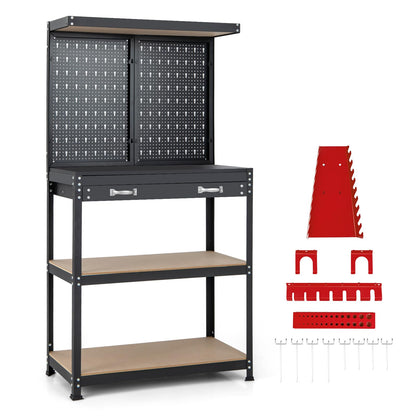 GiantexUK Workbench with Pegboard, Metal Frame Garage Work Bench with 13 Hanging Accessories