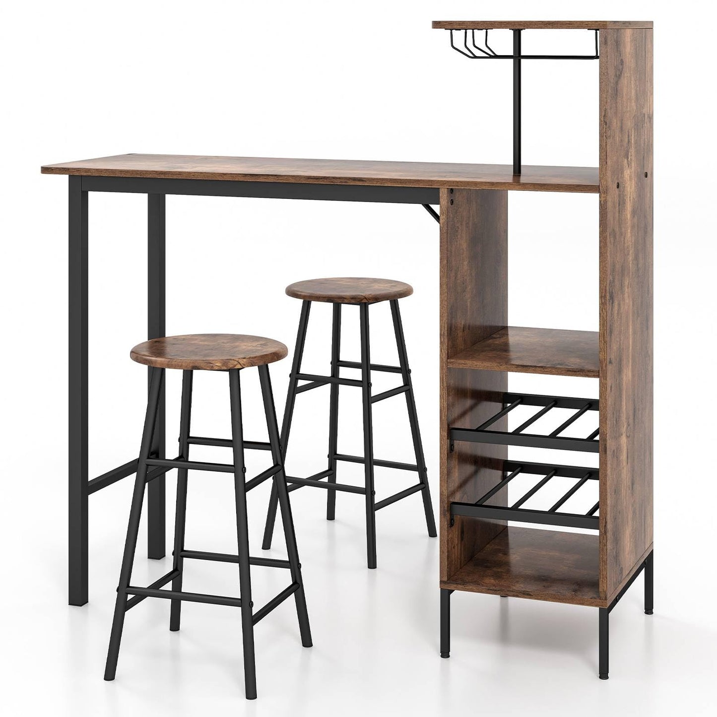 GiantexUK 3PCS Bar Table Set, Industrial Counter Height Dining Table and 2 Stools with Open Shelves