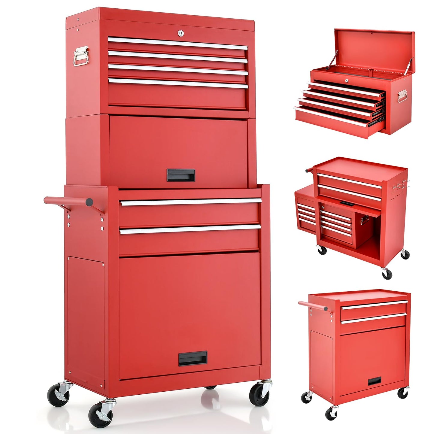 GiantexUK Tool Cabinet, 2 in 1 Lockable Metal Tool Chest with Removable Top Cabinet, Wheels, 6 Drawers (with Middle Toolbox)