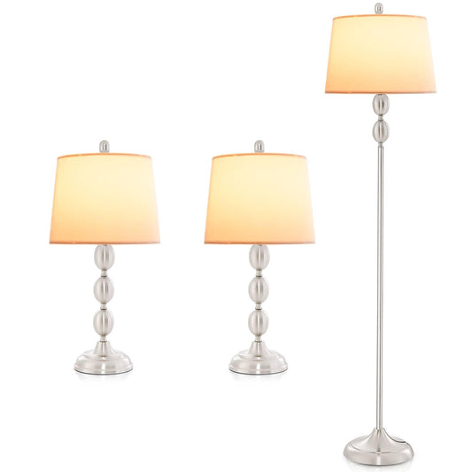 GiantexUK 3 Pack Lamp Set, Modern Floor Lamp and Table Lamps Set with Linen Fabric Lampshade, Weighted Base & E27 Socket