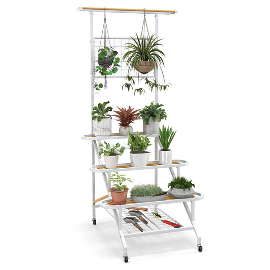 4-Tier Hanging Plant Shelf, Ladder Flower Pot Organizer Storage Rack with Wheels, Hanging Bar and Trellis