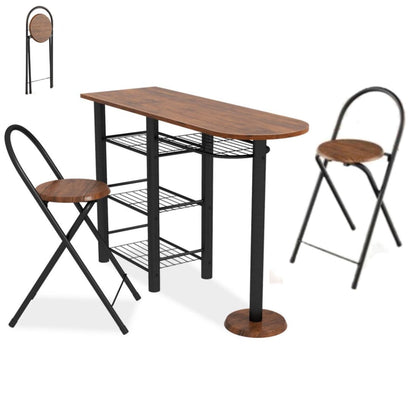 GiantexUK 3PCS Dining Table and Chairs Set, Metal Frame Breakfast Table and Folding Chairs with Shelves & Anti-toppling Device