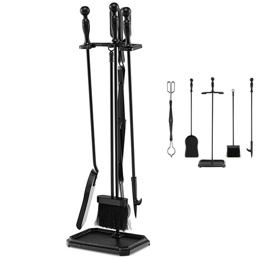 GiantexUK 5-Piece Fireplace Companion Set, Wrought Iron Fire Place Tools Set with Stand, Tong, Shovel, Brush & Poker