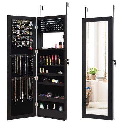 15 LED Lights Jewellery Cabinet, 2-in-1 Hanging or Wall Mounted Jewelry Armoire with Full Length Mirror and Built-in Mirror