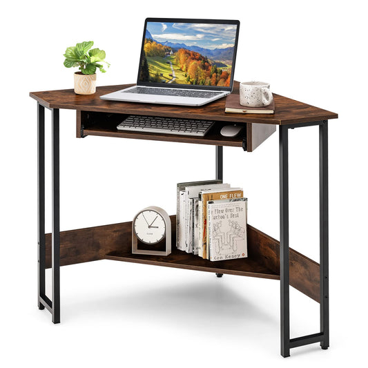 Corner Desk, Industrial Triangle Computer Desk PC Laptop Table with Keyboard Tray and Storage Shelf