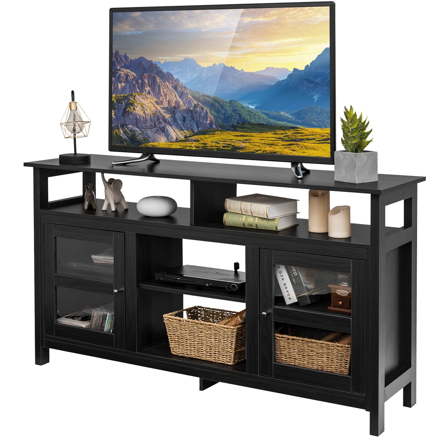 TV Stand for TVs up to 65", Wooden Television Media Entertainment Center with 4 Open Shelves & 2 Side Cabinet