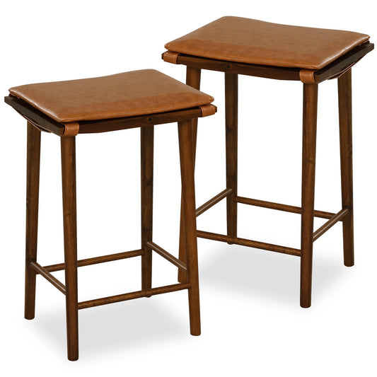 GiantexUK Bar Stools Set of 2, Wooden Saddle Style Stools with Removable PU Leather Cushion