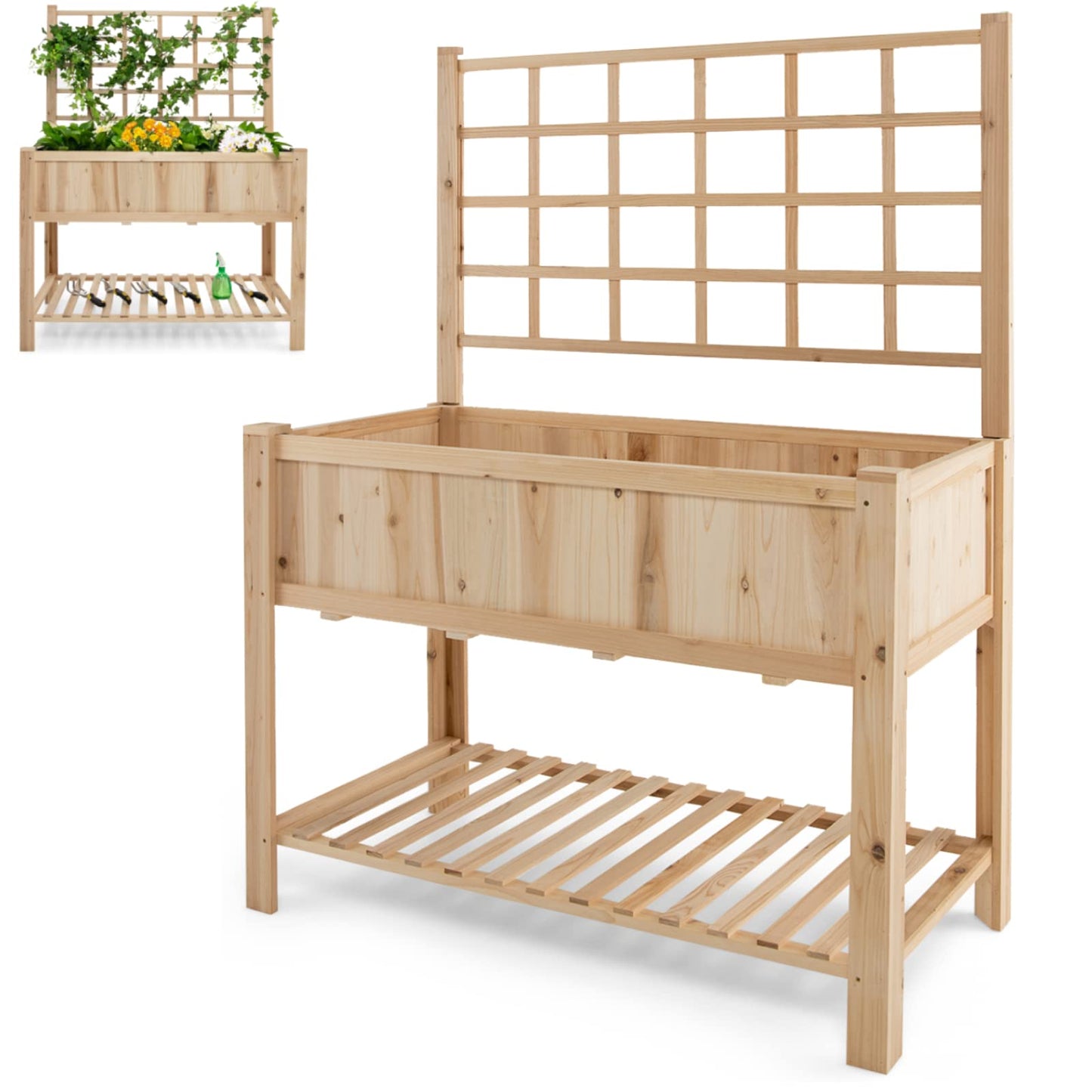 GiantexUK Raised Garden Bed with Trellis, Wood Elevated Planter Box with Liner for Vegetables Herbs Vines Flowers(119x58x159cm, without Wheels)