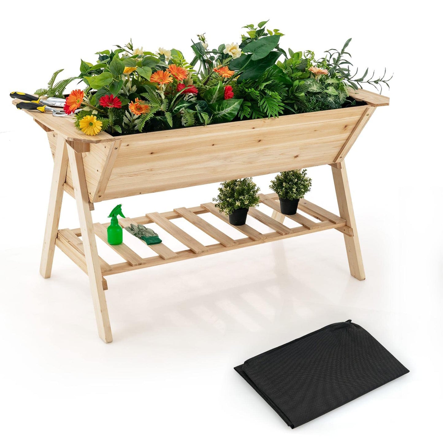 GiantexUK Raised Garden Bed, Wood Elevated Planter with Liner, Drainage Hole & Slatted Shelf