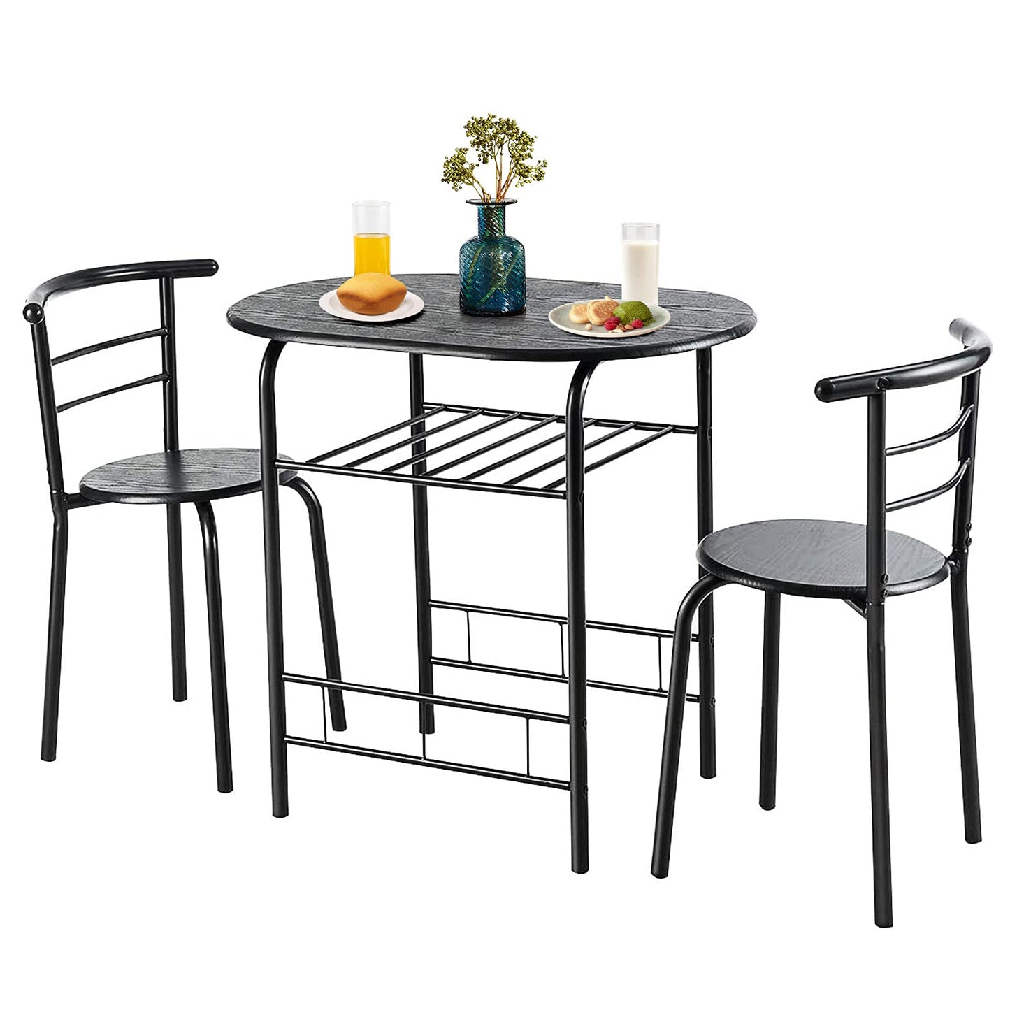 GiantexUK 3-Piece Dining Table Set, Metal Frame Kitchen Table Set with Storage Shelf, 2 Chairs