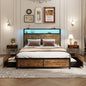 Double/King Size Platform Bed Frame with LED Lights, 4 Rolling Drawers