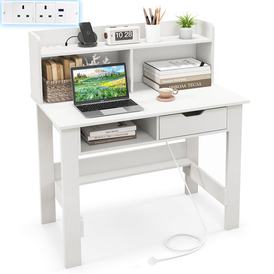 Computer Desk, Modern Writing Workstation PC Laptop Table with Hutch, Storage Shelf, Drawer, Power Outlets and USB Port & Type-C