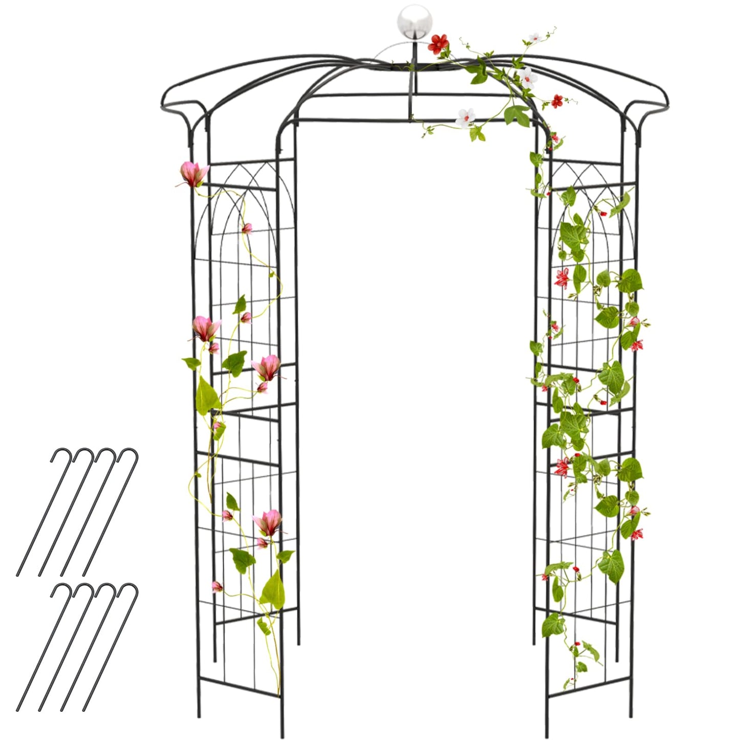 GiantexUK 4-Sided Birdcage Metal Garden Arch, 206x206x286cm Trellis Gazebo Pergola Pavilion Arbour with Hanging Hook & Ground Stakes