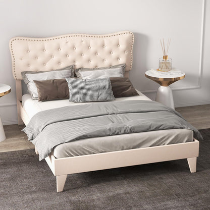 4FT6/5FT King Size Bed Frame with Headboard, Slatted Storage Bed Base with Under Storage Space