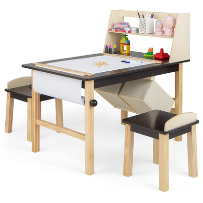 Kids Art Table and Chairs Set, Wooden Toddler Craft Desk with 2-Tier Open Shelf and 2 Storage Bins