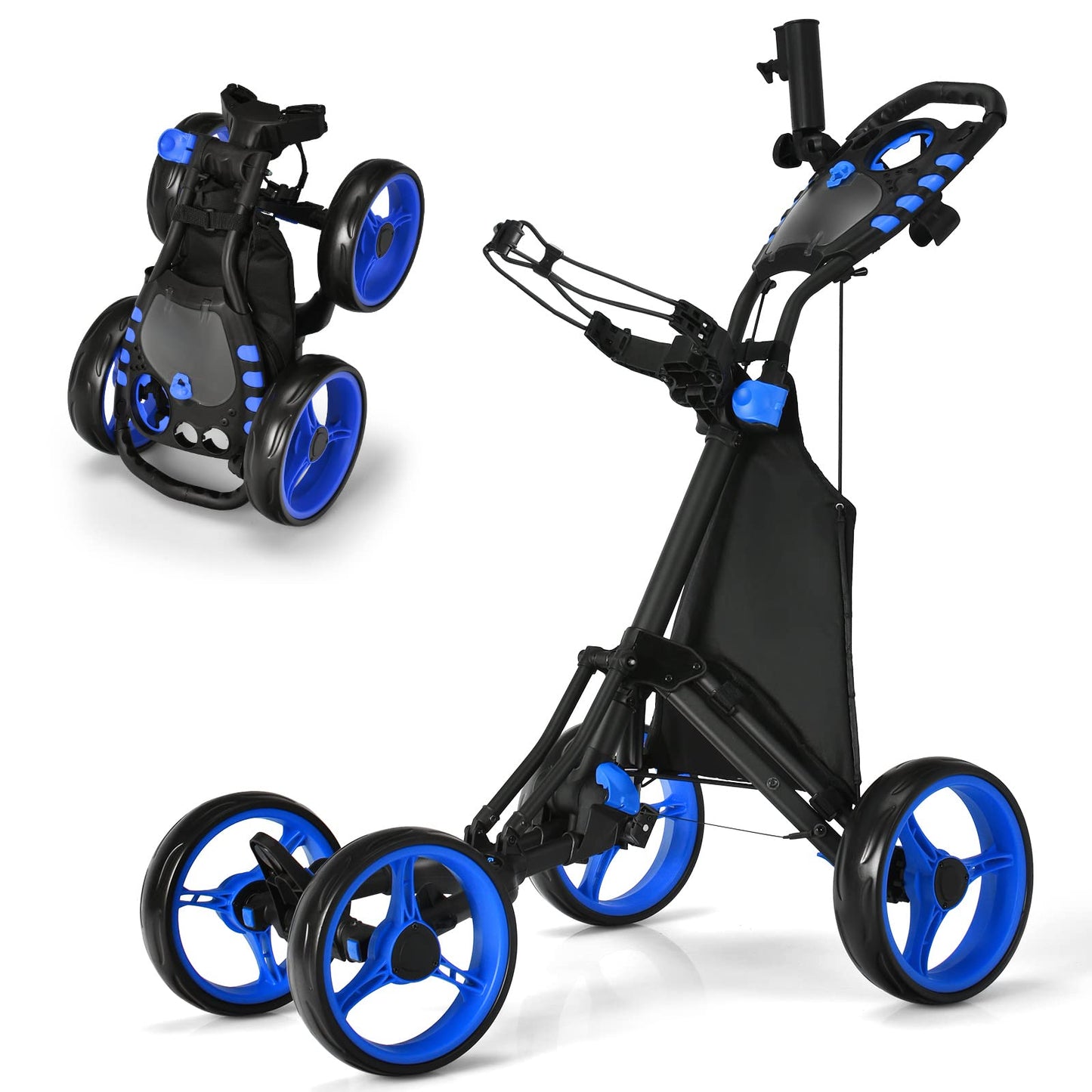 4 Wheel Golf Trolley, Lightweight Folding Golfs Push Pull Cart with Adjustable Height Handle, Umbrella Stand, Cup Holder and Foot Brake