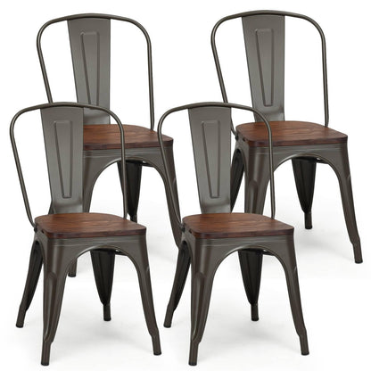 GiantexUK Dining Chairs Set of 4, Industrial Stackable Kitchen Chairs Seating (Gun, Elm Wood Seat)