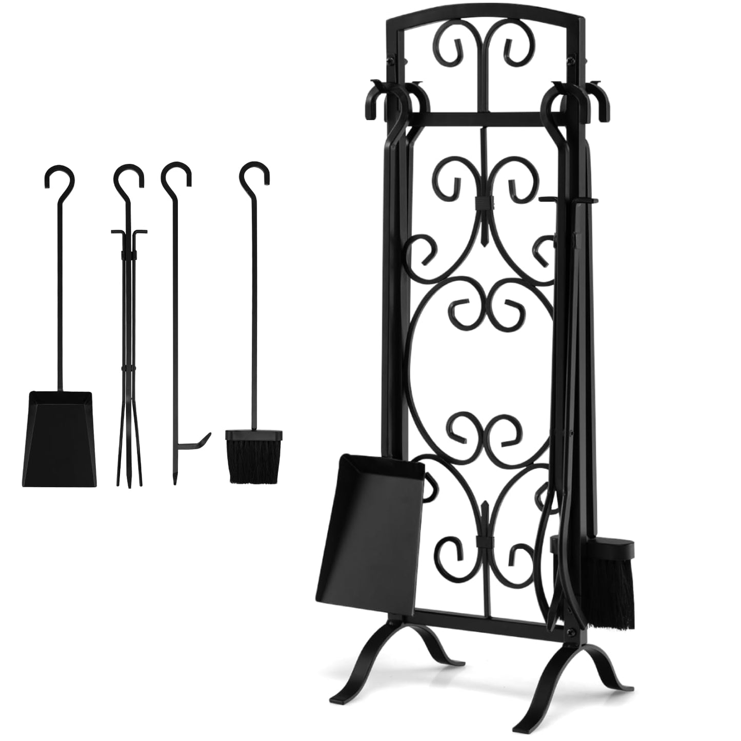 GiantexUK 30"/76cm 5-Piece Fireplace Companion Set, Wrought Iron Fire Place Tools Set with Stand, Tong, Shovel, Brush & Poker