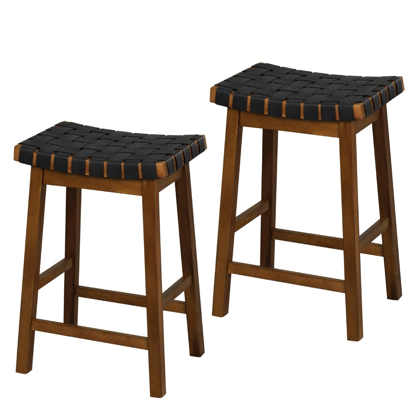 GiantexUK Saddle Stools Set of 2/4, PU Leather Woven Kitchen Counter Height Stools with Curved Seat & Rubber Wood Footrests (44 x 35 x 65cm)